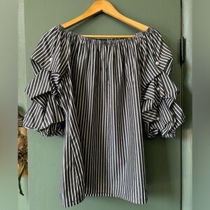 Loverly tiered ruffled striped blouse with pearl accents